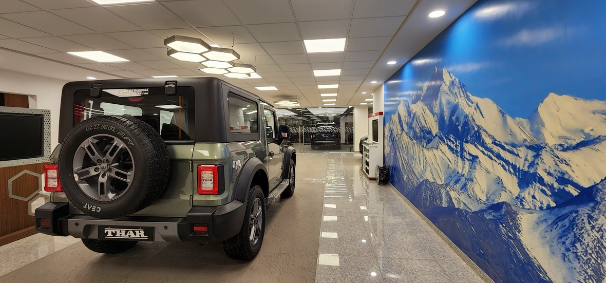 Mahindra Thar inside Ramani Motors Mahindra showroom in Coimbatore